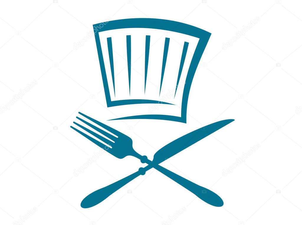 Doodle restaurant or cafeteria sign with a crossed knife and fork below a glass in blue on a white background