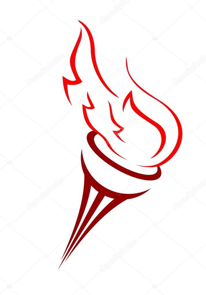 Cartoon illustration of an Olympic torch with a burning flame blowing in the wind in shades of red over a white background
