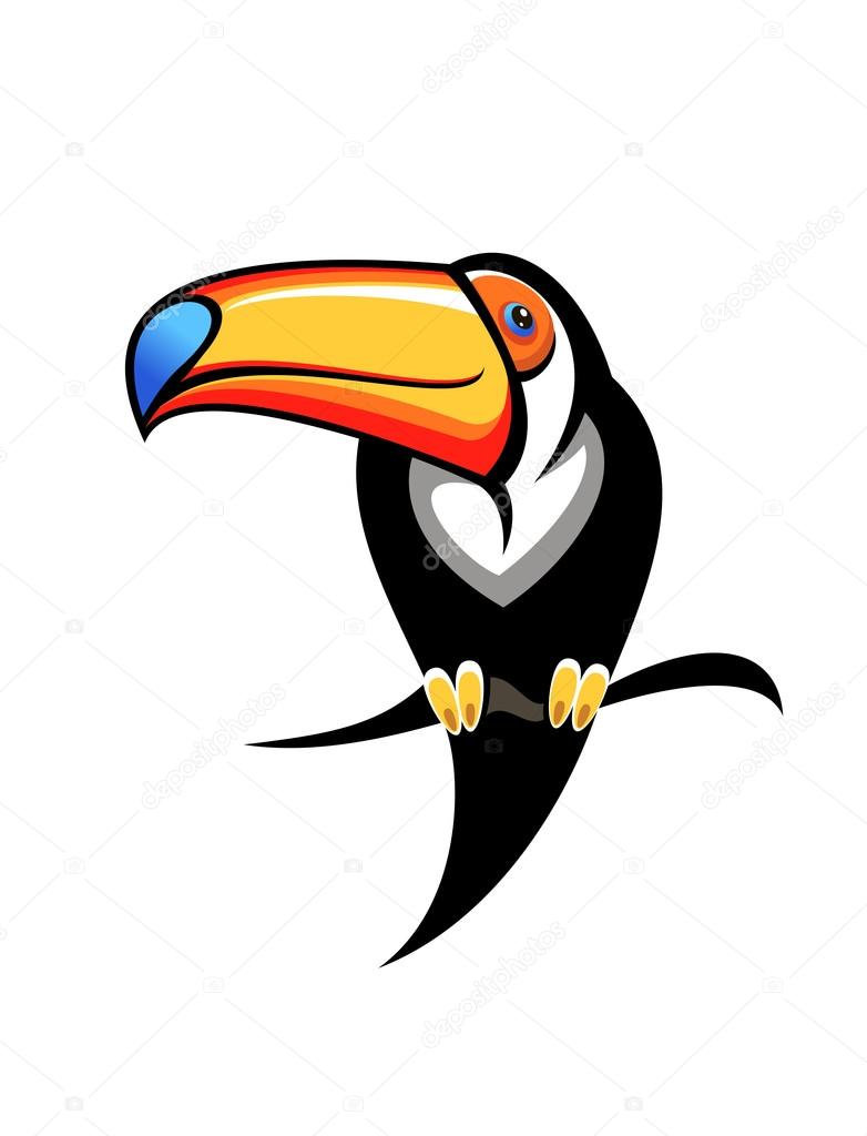 Cartoon illustration for kids of a colourful toucan with a big orange and blue bill perched on a branch, design element on white