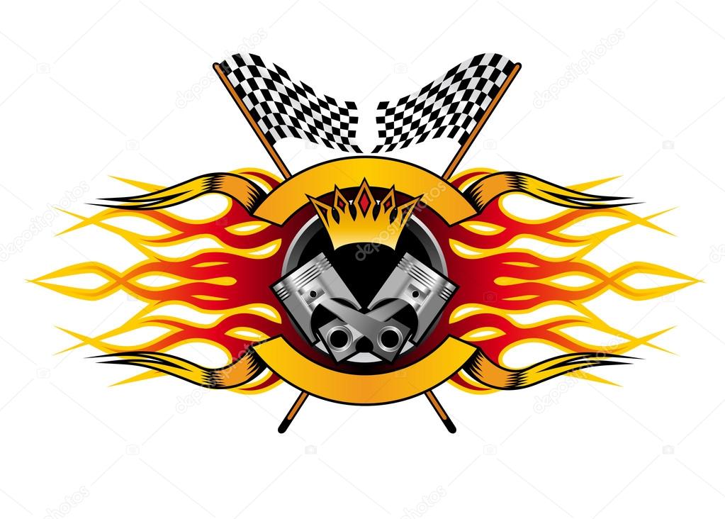 Motor racing championship icon for the champion with a winners crown and flames over a crossed pair of black and white checkered flags, colourful vector illustration