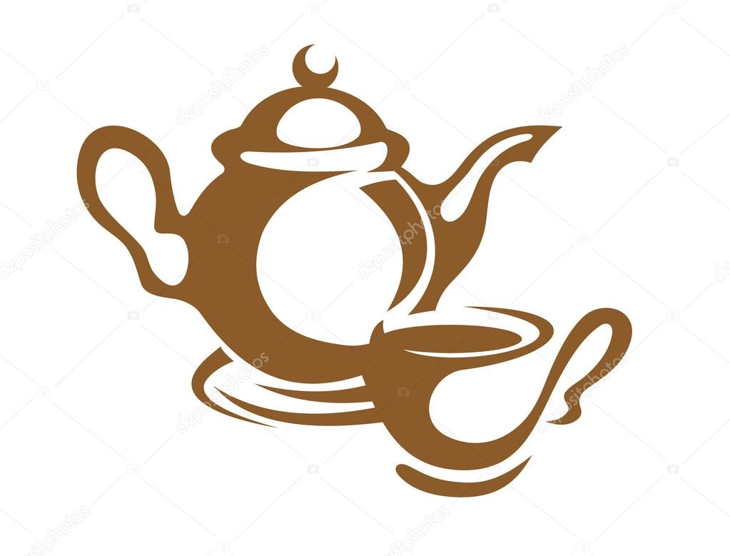 Teapot, cup and saucer icon in brown