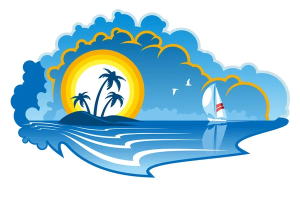 Idyllic tropical island with a yacht — Stock Vector
