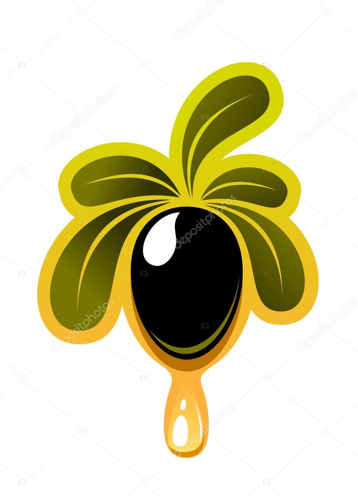 Vector cartoon illustration of a delicious fresh black olive on a twig with leaves dripping olive oil, isolated on white