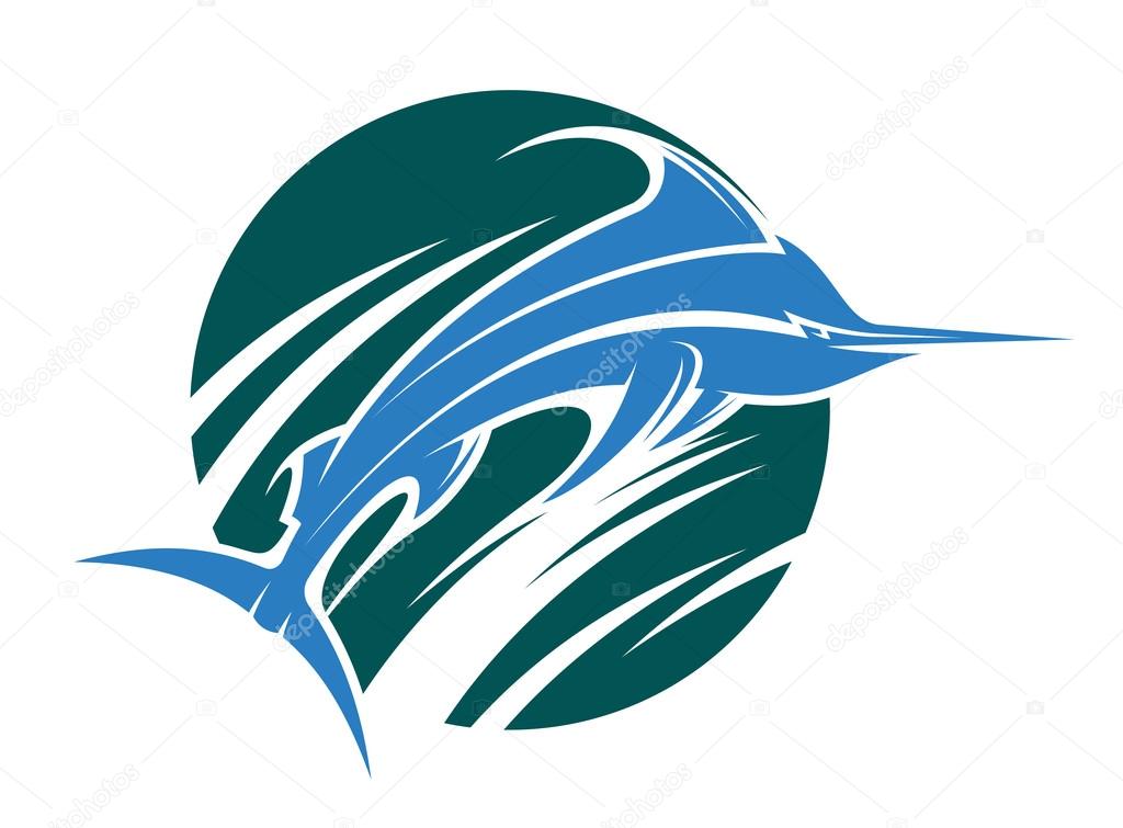 Vector cartoon illustration of a game or sport fishing icon with a leaping swordfish above swirling water