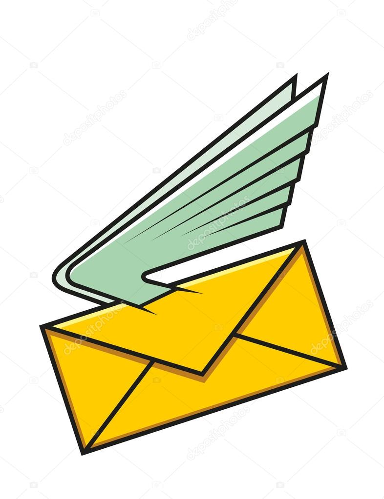 Yellow envelope with wings, symbol of communication, electronic mail or fast delivery, isolated on white background. Vector illustration