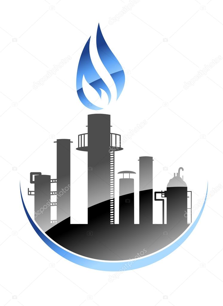 Vector icon depicting a modern oil refinery or industrial plant with tall smokestacks or chimneys with the central one emitting a burning flame