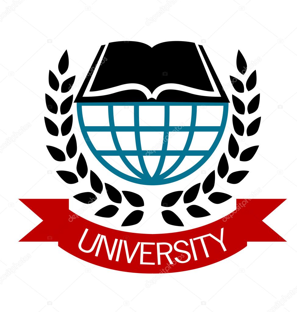 University emblem with a globe and open book surrounded by a laurel wreath with a ribbon banner below with the word - University