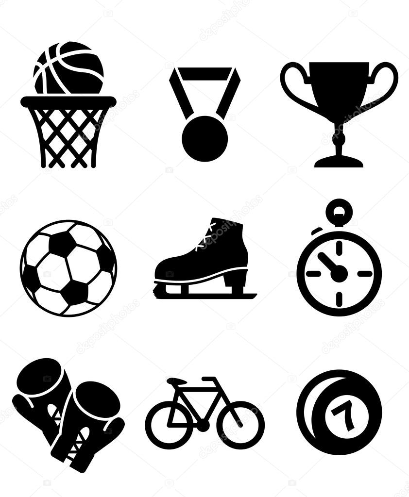Collection of sports icons including basketball, soccer , football, ice skating, boxing gloves, cycling and bowls with a winners medal, trophy and stopwatch in black and white