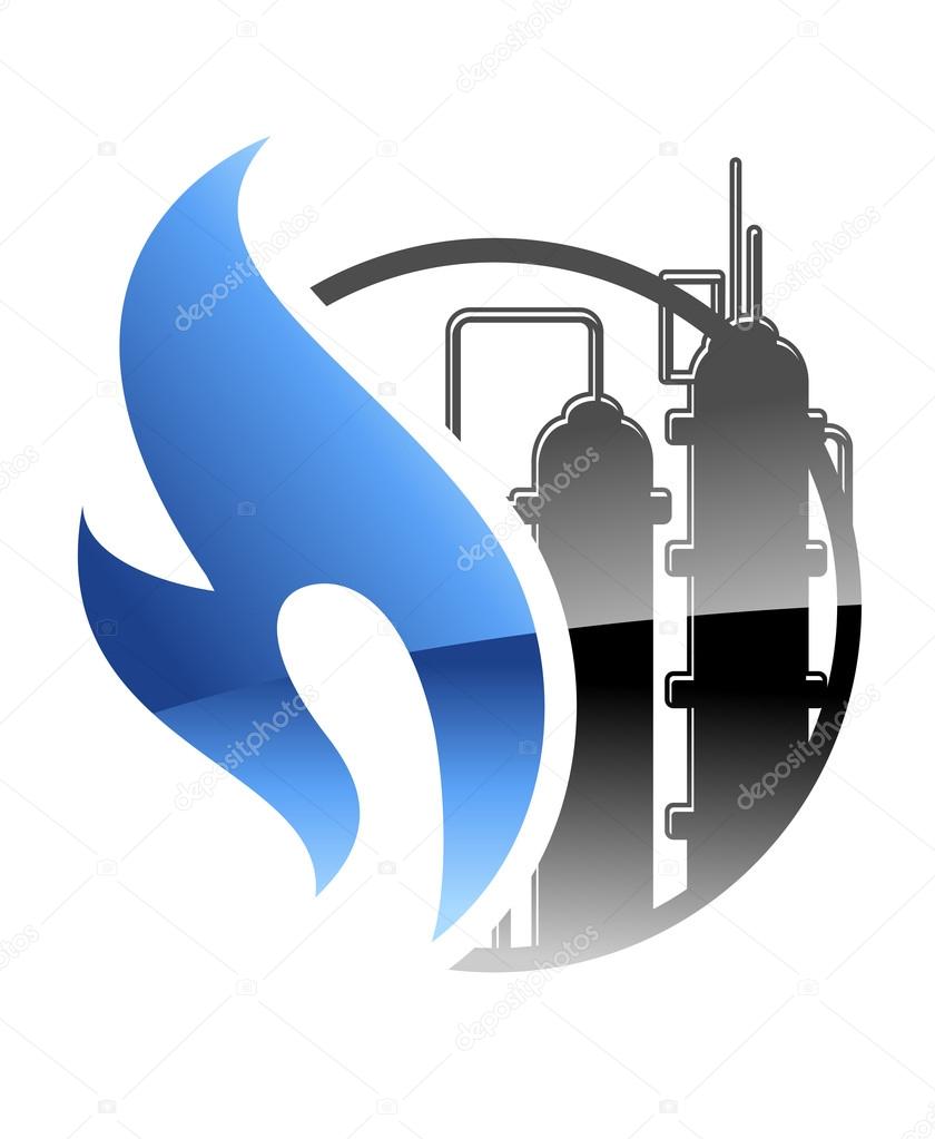 Petrochemical and gas industry icon with a burning blue flame and tanks at industrial plant in a power and energy concept