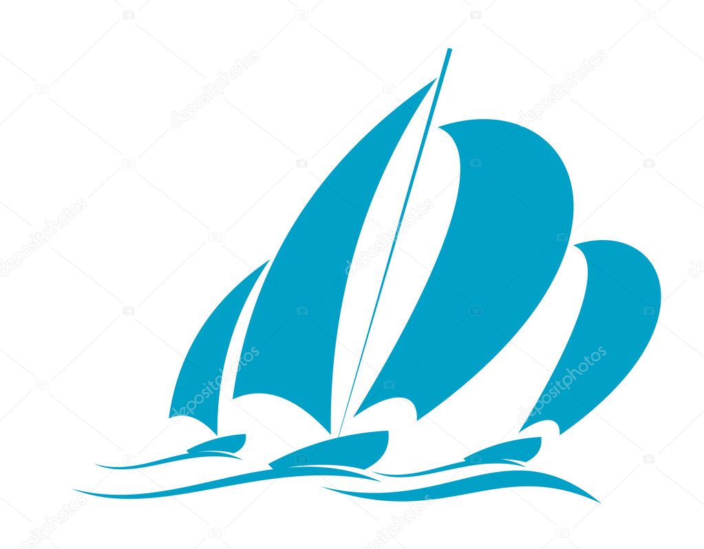 Doodle sketch of ocean yachting in a yacht with several sails racing over the surface of the water in blue on white