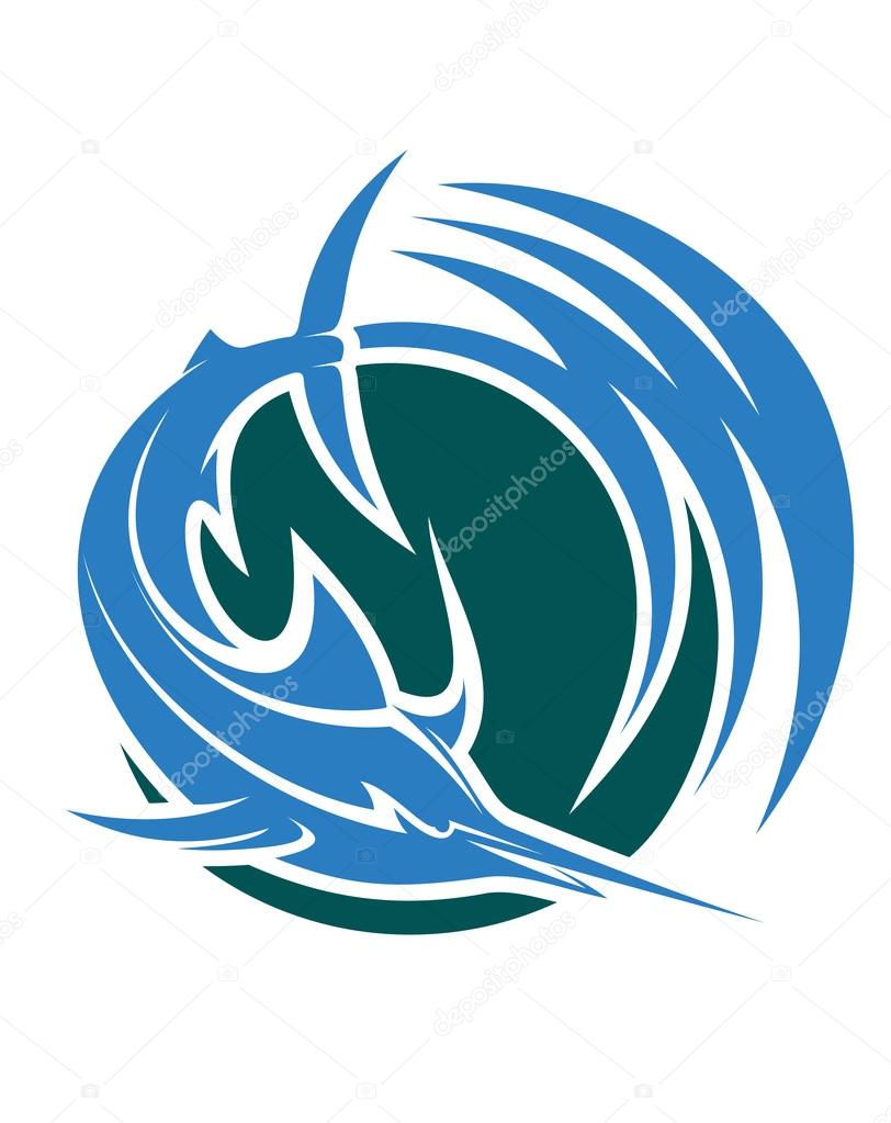 Leaping swordfish or marlin icon depicting deep-sea sport or game fishing with swirling blue and green water