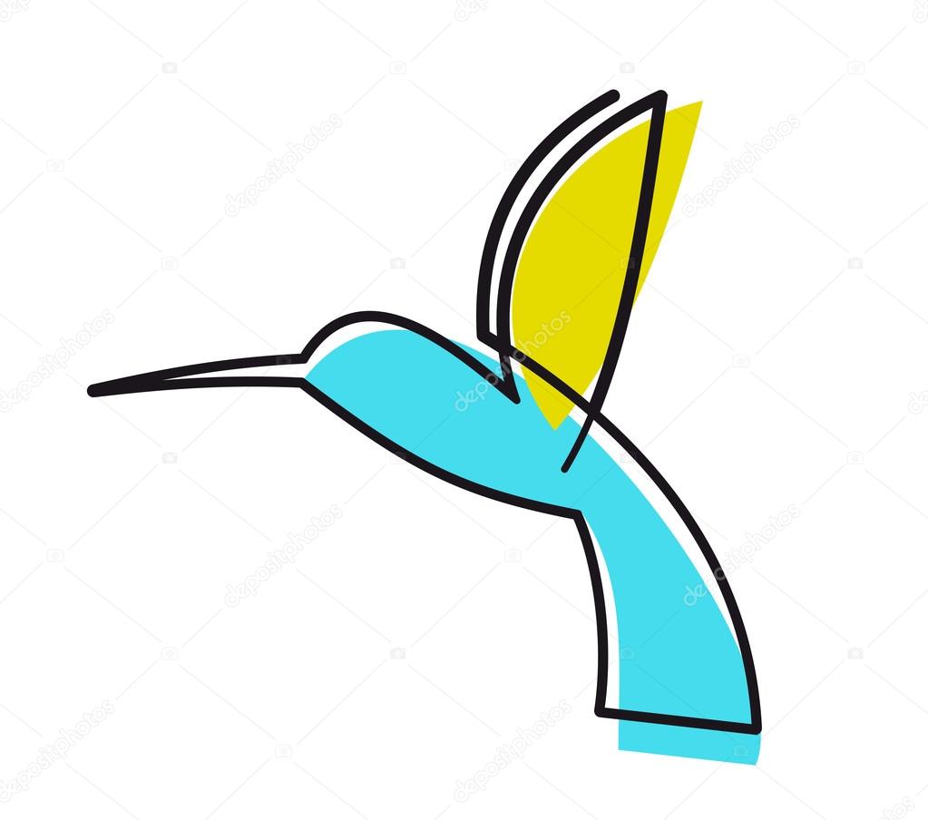 Colourful cartoon hummingbird hovering midair with its wings raised and long thin beak extended