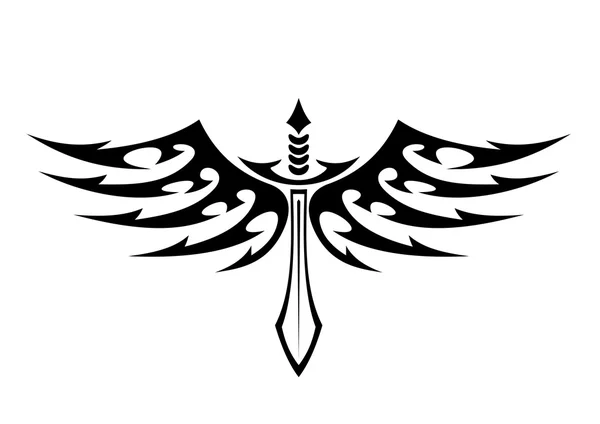翼の有刺鉄線の羽を持つ剣タトゥー — ストックベクタ