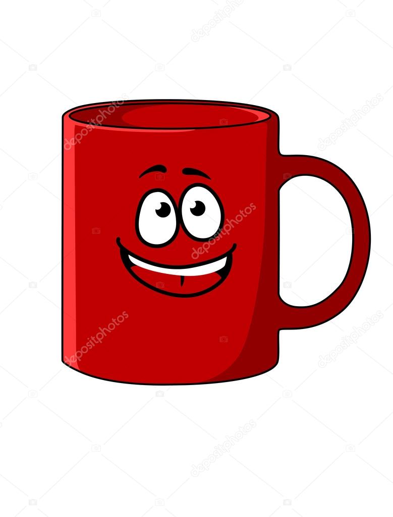 Red cartoon coffee mug with a happy face