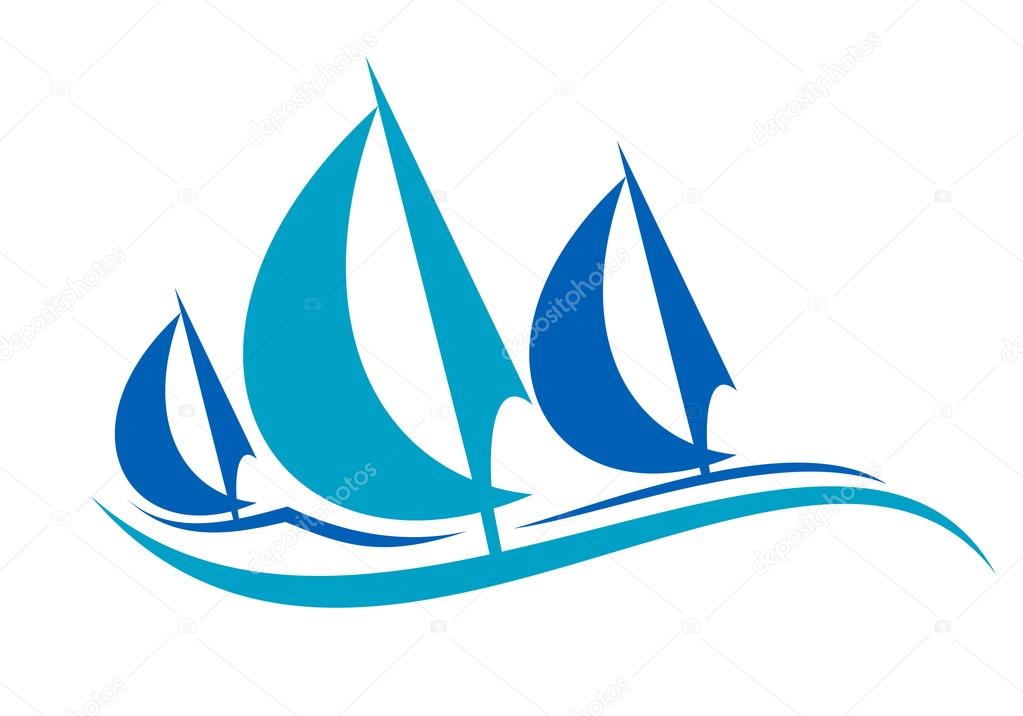 Stylized blue sailing boats or yachts upon the ocean waves participating in an offshore race, vector illustration isolated on white
