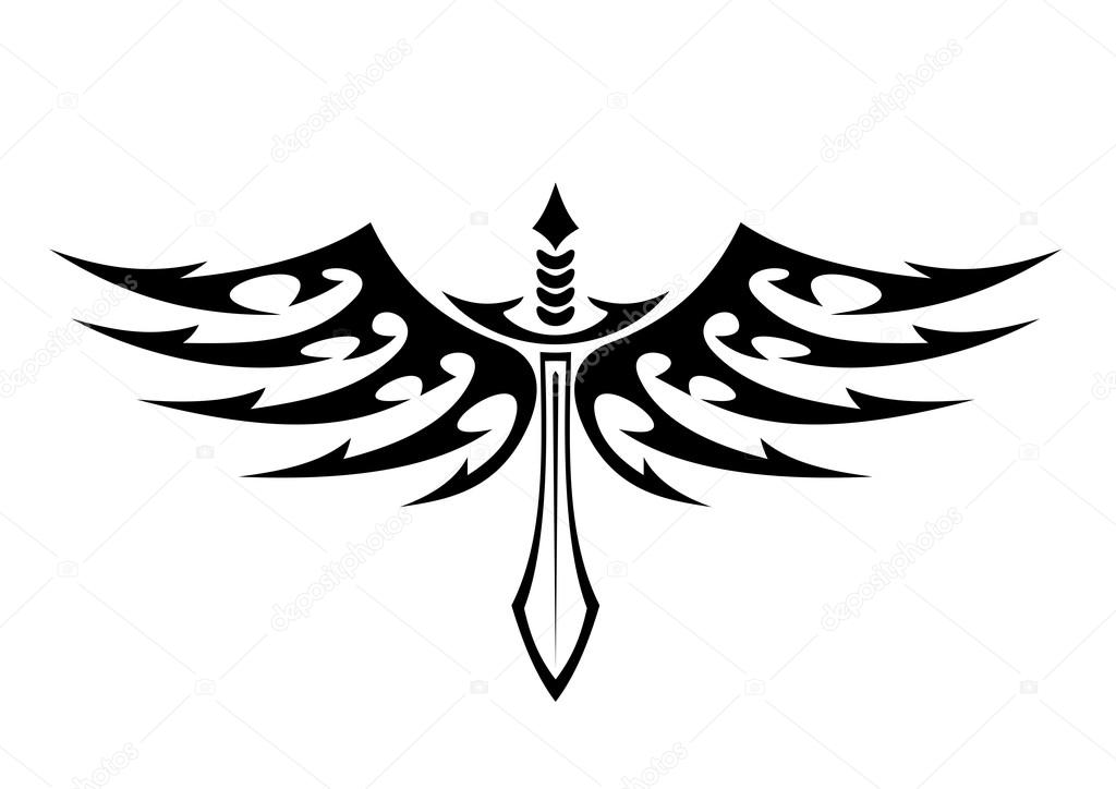 Winged sword tattoo with barbed feathers