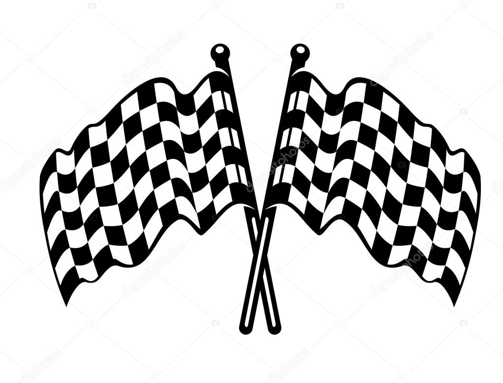 Two crossed black and white checkered flags with the fabric waving in the breeze as used on the finishing line in motor sports