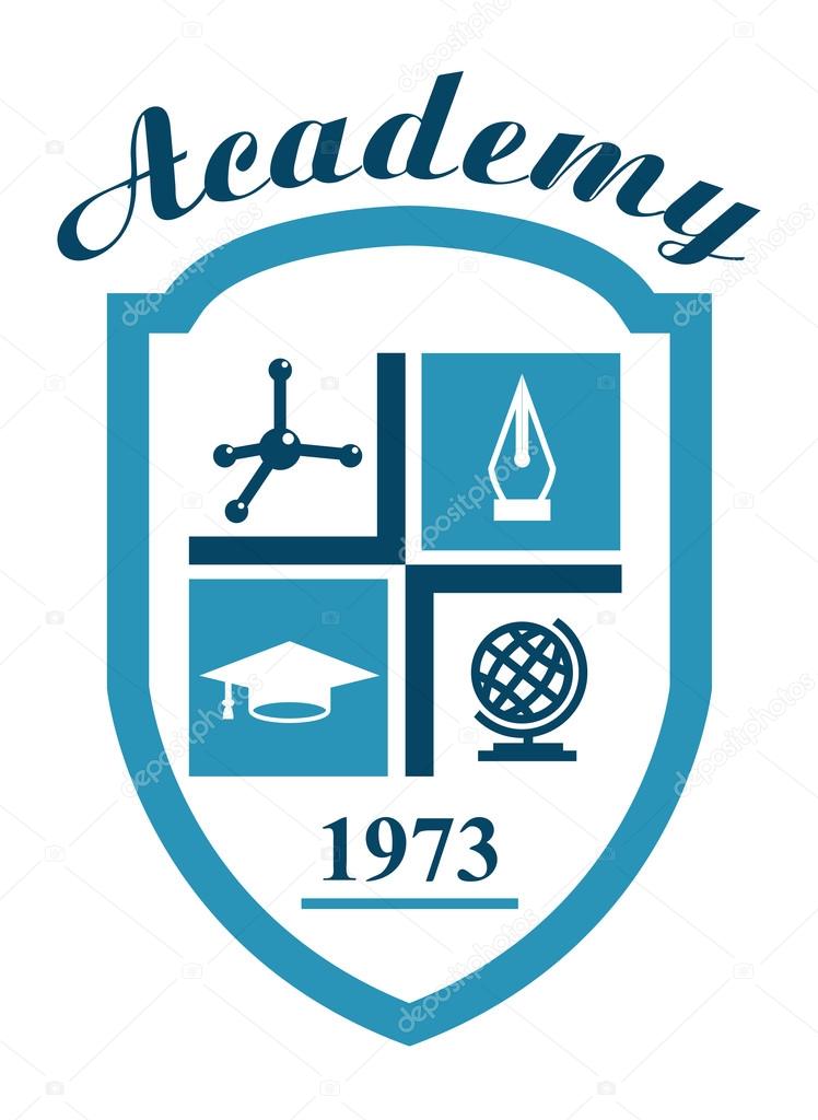 Academy symbol with science elements of molecule, globe, hat and pen for education industry design