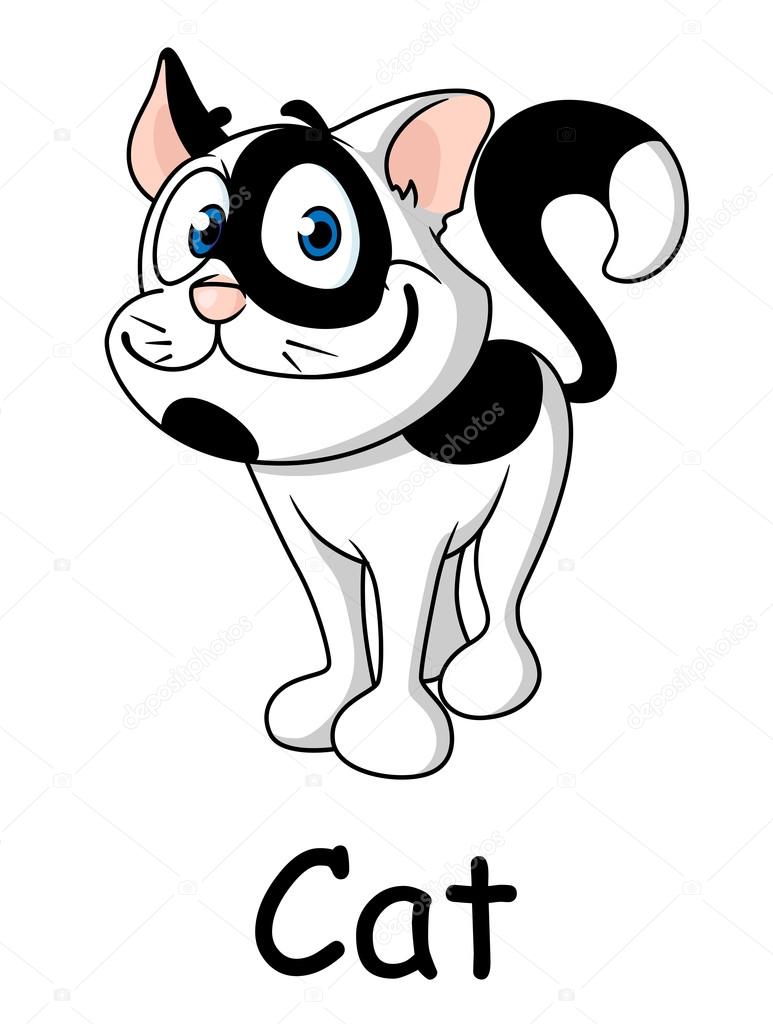 Cute cartoon cat with black and white markings and a pleased happy smile
