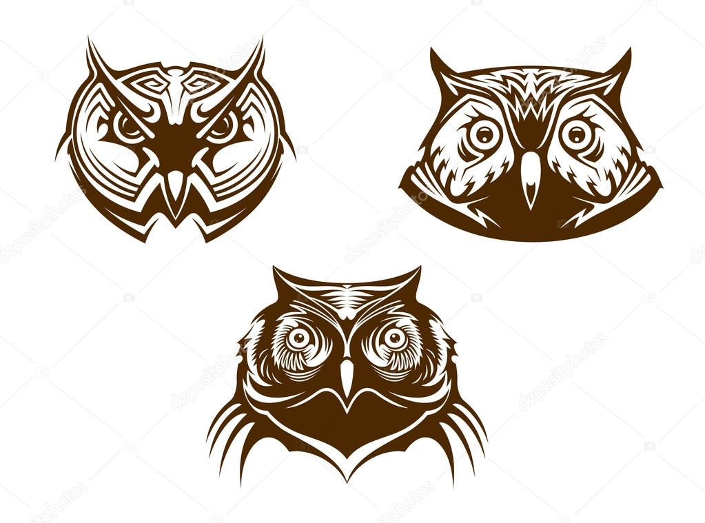 Three different brown and white owl heads for mascots or tattoo design