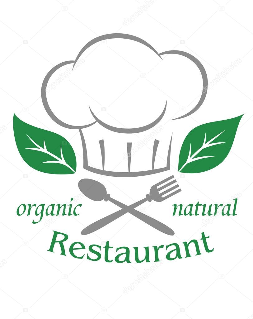 Organic natural restaurant icon with a chefs toque or hat over a crossed spoon and fork with green leaves and text on a white background