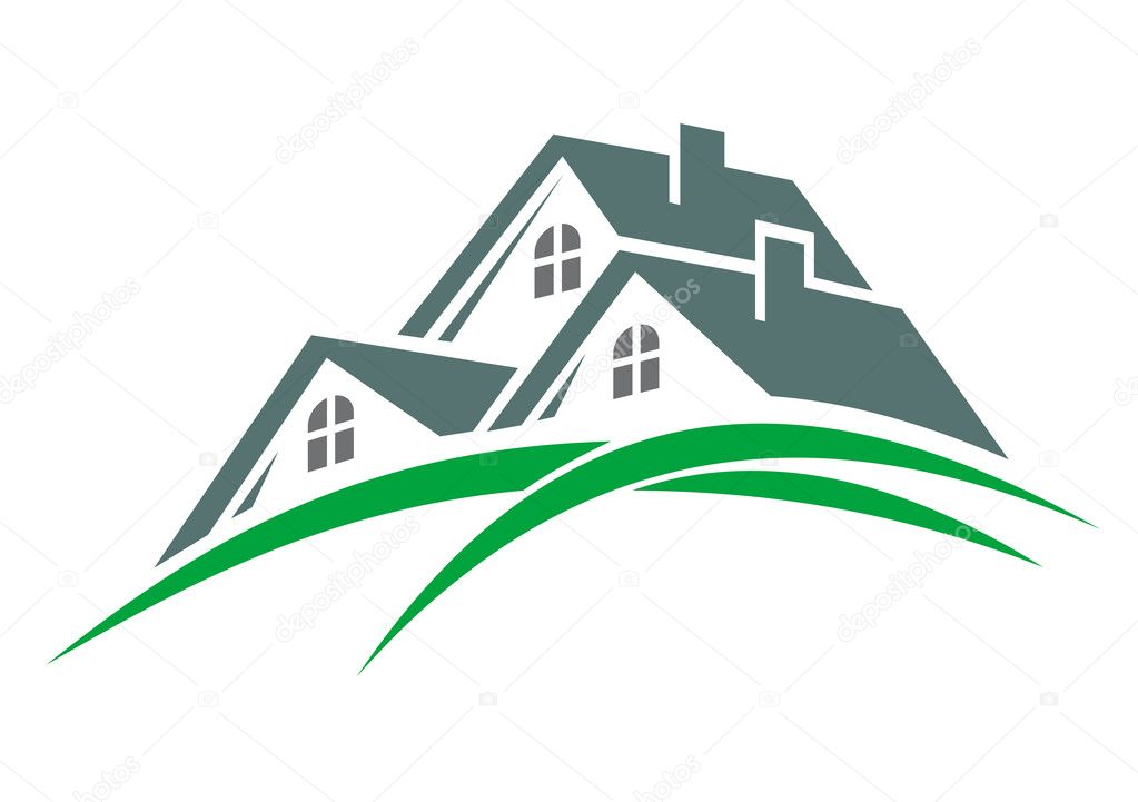 Houses in a green eco environment with three roofs above green hillsides