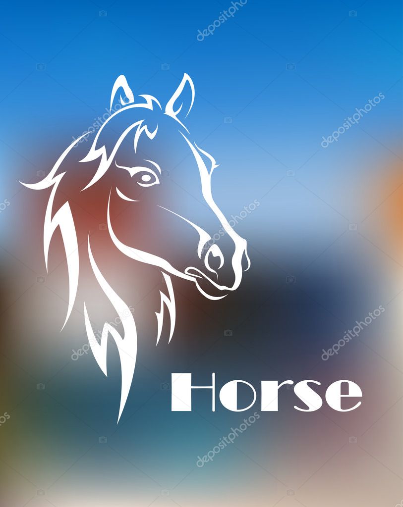 Doodle sketch of a beautiful horses head with a flowing mane in white with the text - Horse - over an ethereal blurred blue and brown background with copyspace