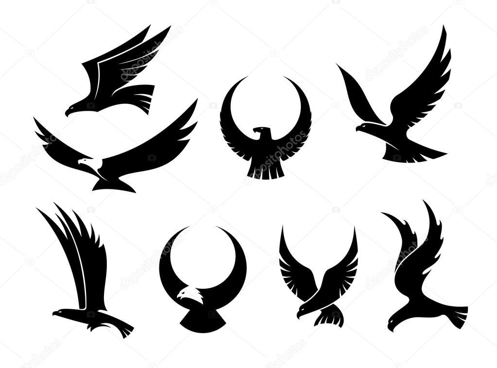 Setof black silhouettes of graceful flying eagles with their outspread wings for heraldry and hunting design