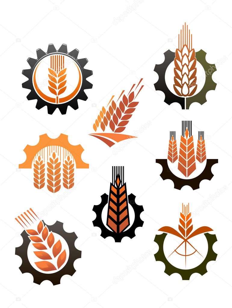 Set of eight different icons depicting industry and agriculture with ripe golden ears of wheat and toothed cogs or ear wheels