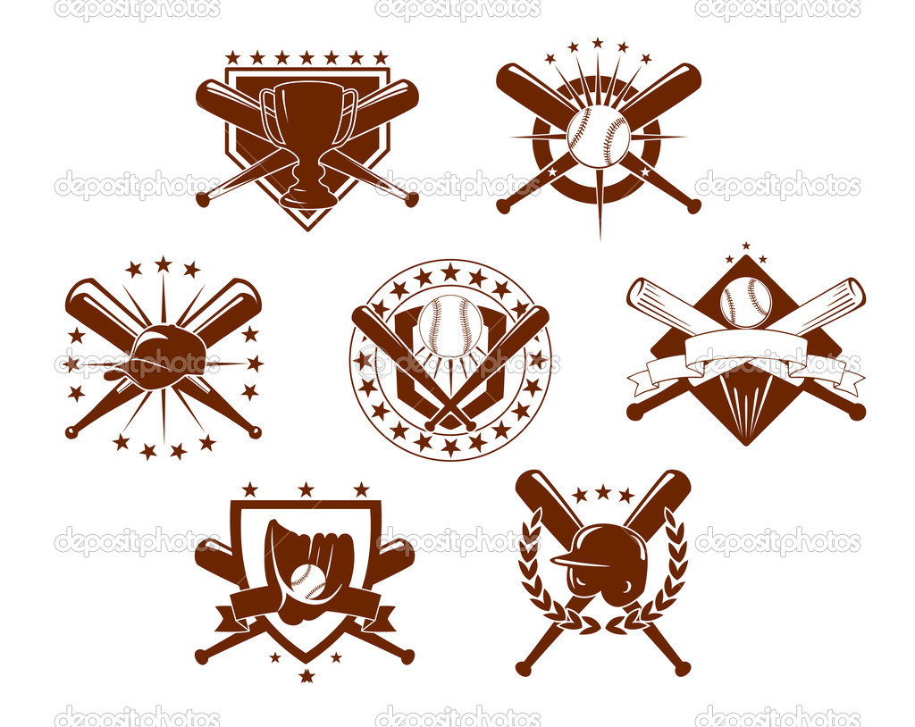 Set of seven different baseball emblems or icons depicting crossed bats with a trophy, glove, helmet, baseball with stars and shields
