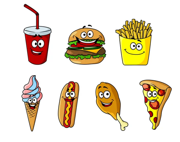 Set di icone del cibo da asporto del cartone animato felice — Vettoriale Stock