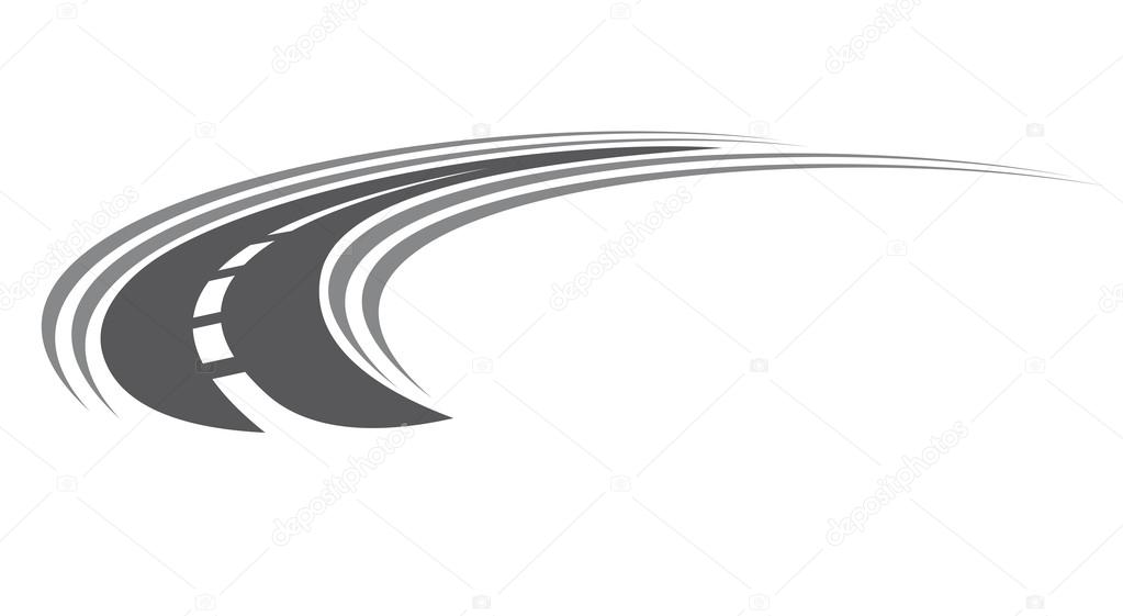 Curving tarred road or highway icon with centre markings with diminishing perspective to infinity, cartoon illustration isolated on white
