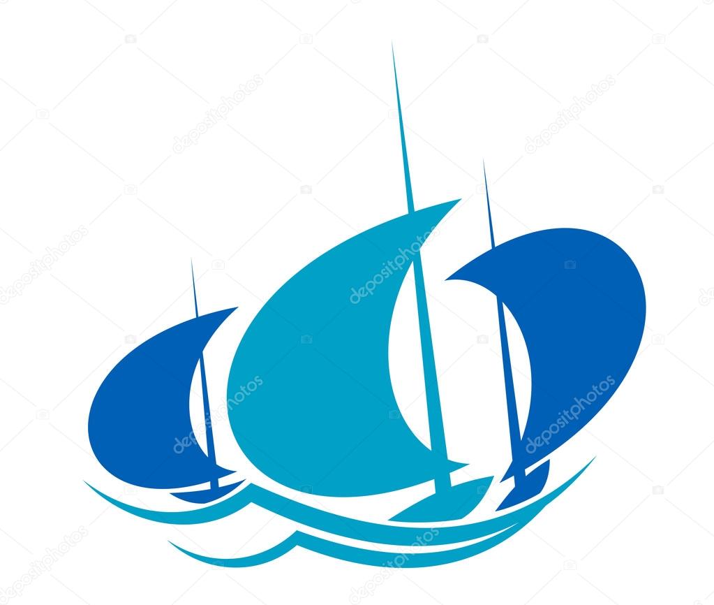 Cartoon silhouettes of a trio of yachts sailing on the ocean waves with billowing sails in shades of blue for regatta or sailing sports design