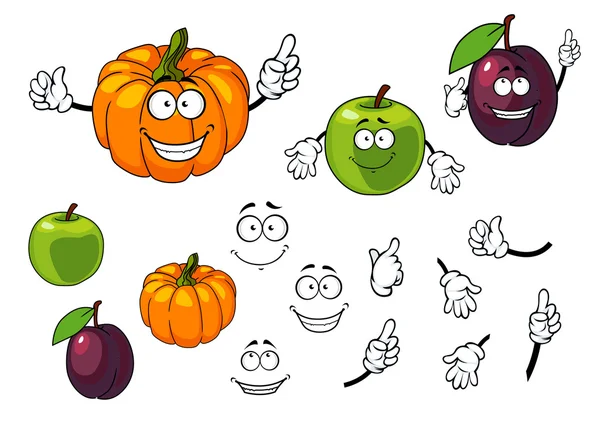Abóbora dos desenhos animados, ameixa e maçã —  Vetores de Stock