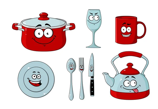 Conjunto de utensílios de cozinha e louça para desenhos animados — Vetor de Stock