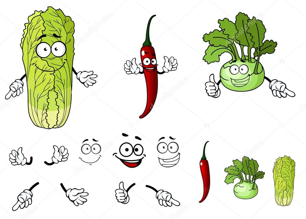 Pepper, radish and cabbage cartoon vegetables