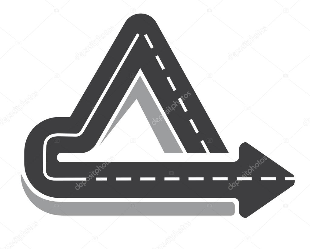 Looping triangular tarred highway doubling back on itself with an arrow pointer and central markings, vector illustration isolated on white
