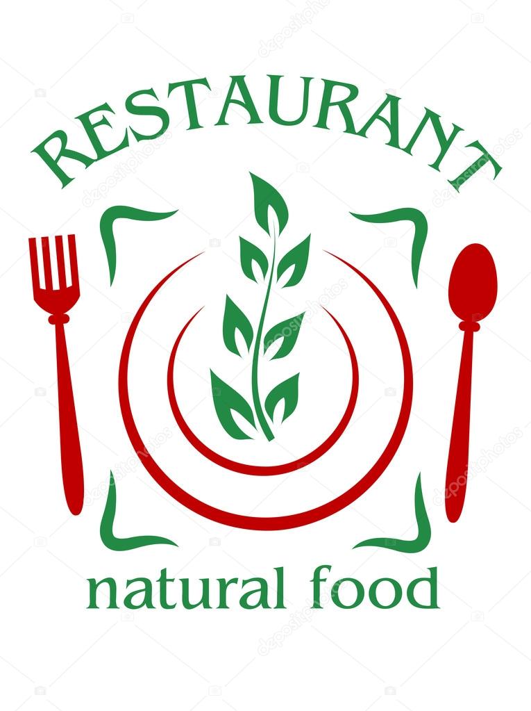 Natural food restaurant icon or emblem with a place setting with cutlery and a plate serving a spray of fresh green leaves with the text above and below