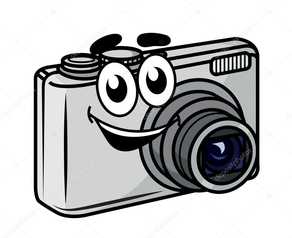 Cute little cartoon compact digital camera with a happy smile isolated on white