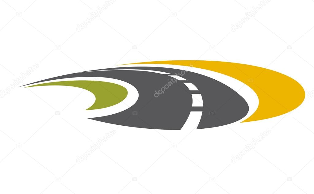 Curving tarred road with central markings disappearing into the distance to to infinity isolated on white