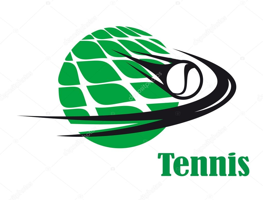 Sporting icon of a tennis ball speeding across a net on a green court for sports design