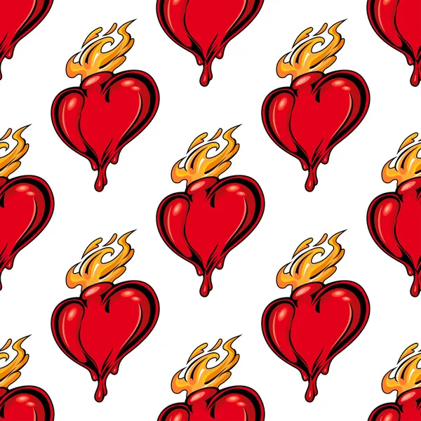 Flaming red heart seamless pattern — Stock Vector