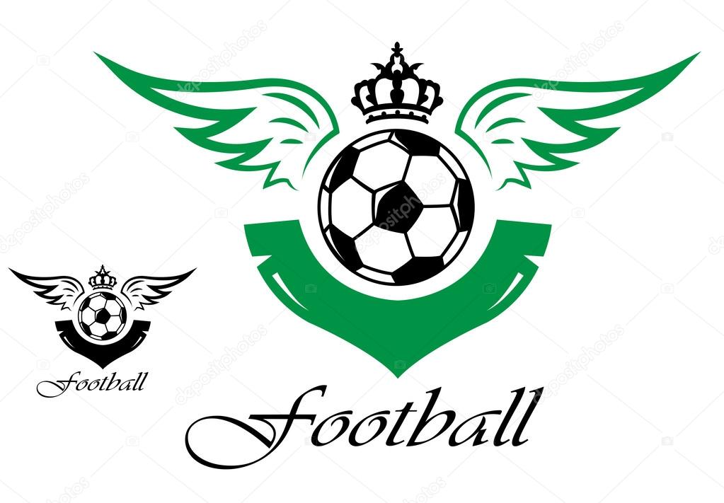 Football or soccer symbol with crown, wings and text for sports design
