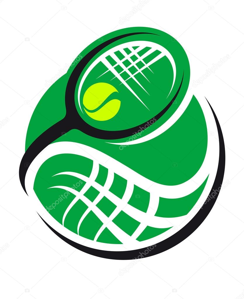 Tennis ball and racquet icon with a green ball and swirling superimposed racquet conceptual of sport, exercise and fitness design