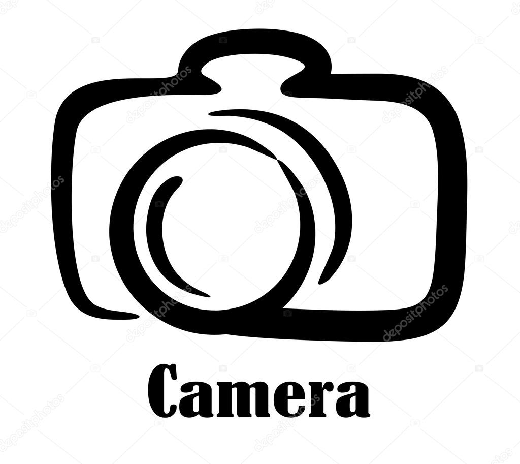 Black and white doodle sketch camera icon with a digital camera over the text in black - Camera