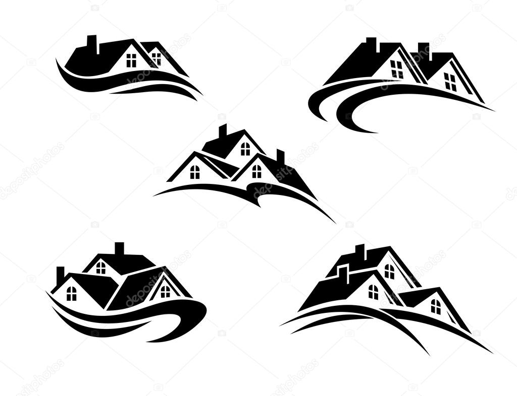 Five different black and white real estate icons with the roofs of houses above swirling hills and landscapes