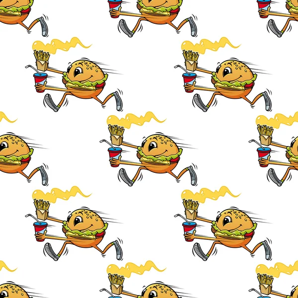 Cute seamless pattern of a running hamburger — Stock Vector