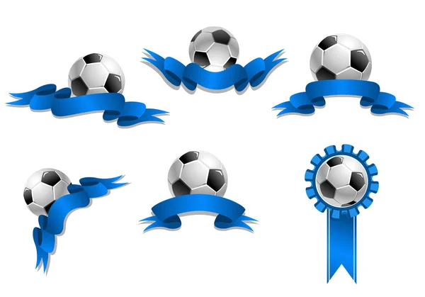 Set of soccer balls with blue ribbons — Stock Vector