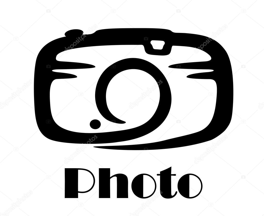 Stylized black and white doodle sketch of a camera with the word -  Photo -  below