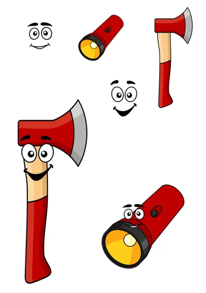 Red cartoon axe and torch flashlight — Stock Vector